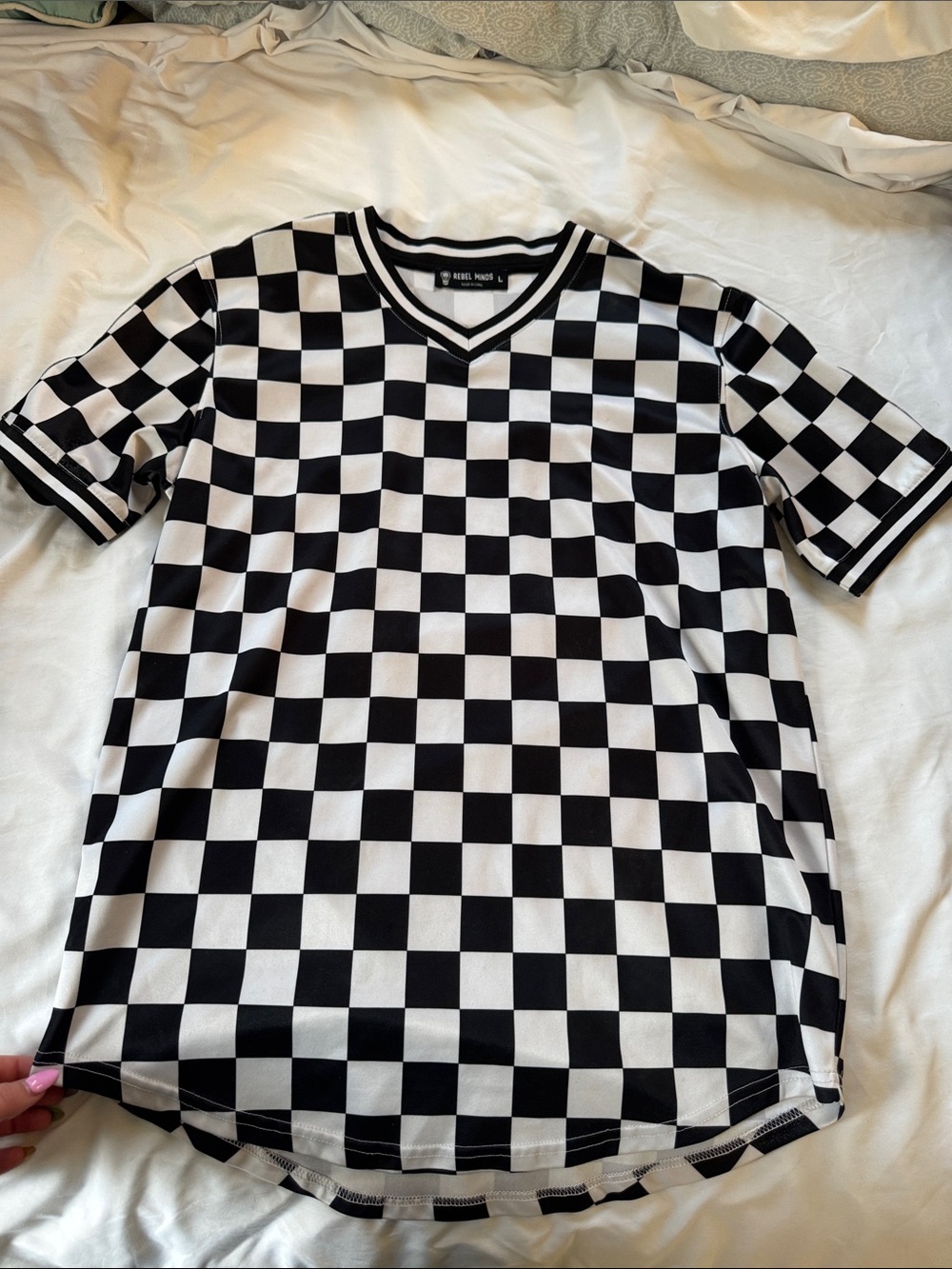 Black & White Checkerboard V‑Neck Shirt - Unbranded